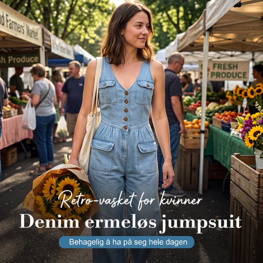 Denim Jumpsuit for Dame – Ermeløs med V-hals og Vide Ben