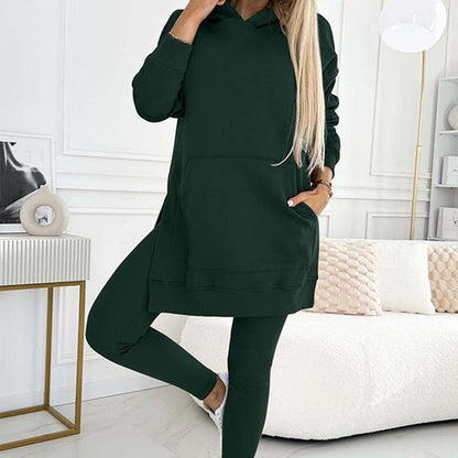 To-delt sett med ensfarget hettegenser og fôrede leggings for kvinner