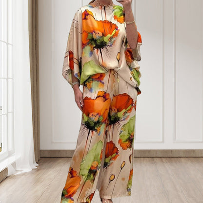 Stilig løstsittende to-delt dress med vannfargeblomstertrykk for pluss-size kvinner