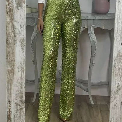 Slim Stretch Bukser med Høy Midje, Paljett og Flare Bein for Kvinner