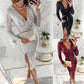🎄🎅Julespesialtilbud🎁Elegant Wrap V-Neck Split Sequin Slim Dress