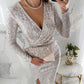 🎄🎅Julespesialtilbud🎁Elegant Wrap V-Neck Split Sequin Slim Dress