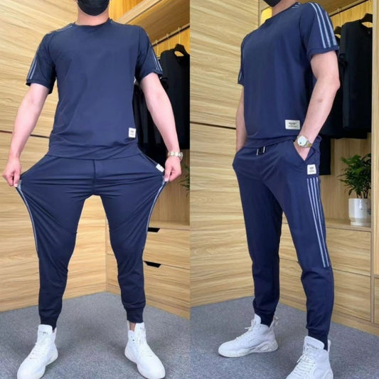 Herresett med høy stretch, kortermet topp og joggebukse med 2 stk.