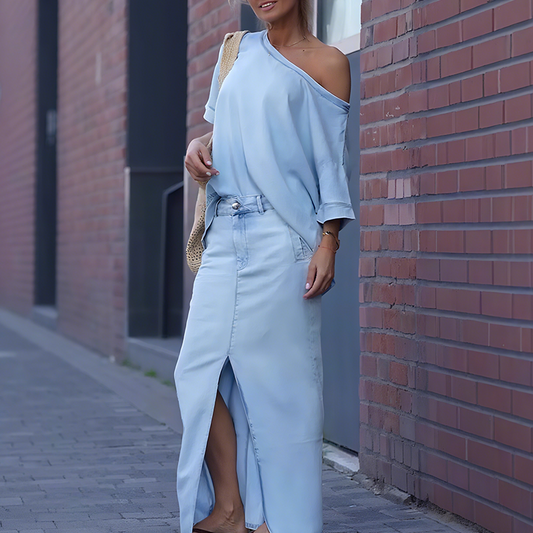 💕Ny 50% rabatt Hot Sale💕Diagonal skuldertop for kvinner med lang skjørt i splittet denim
