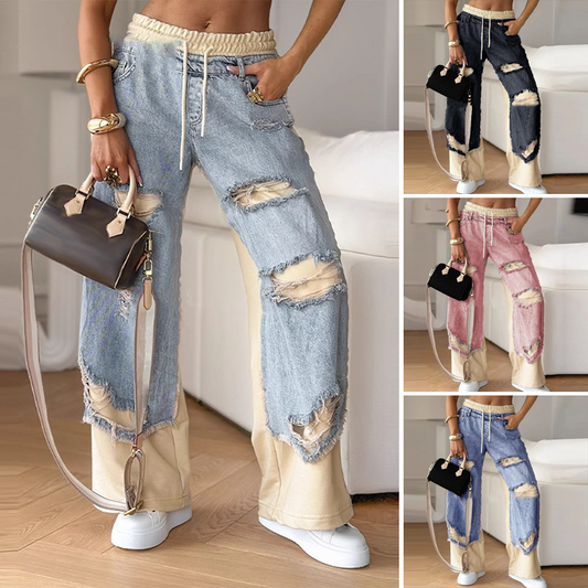 Patchwork Denim Bukser med Vid Ben og Elastisk Snor