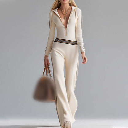 Strikket jumpsuit med hette, V-hals og glidelås for kvinner
