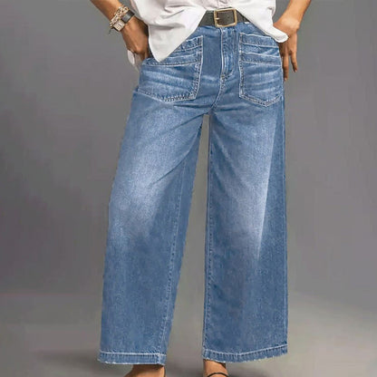 📢📢49 % RABATT!!⏰Casual høyhalset jeans med vid ben for kvinner