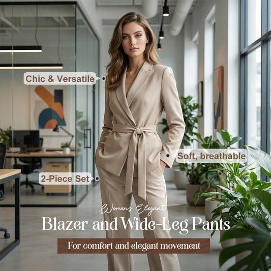Elegant dress-sett til dame: Blazer med knytebelte og bukse med vide ben