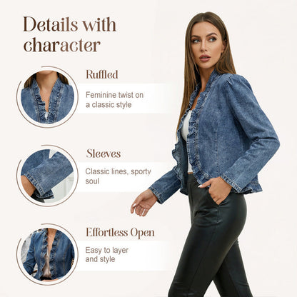 🧥 50 % RABATT NÅ! 🌸 Denimjakke for damer med volanger og åpen front – Lett og feminin – Allsidig og stilig 👗