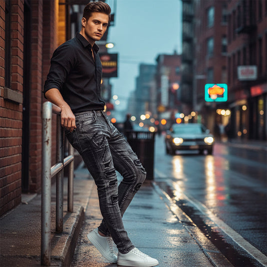 Slim fit-jeans med slitte detaljer for herre