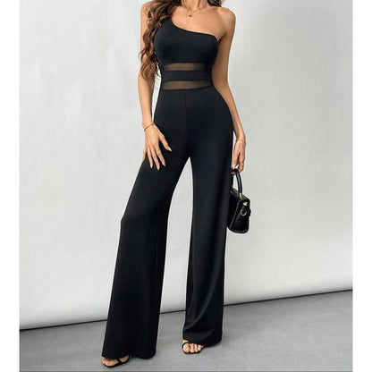 Jumpsuit med én skulder, mesh-innsatser og vide ben