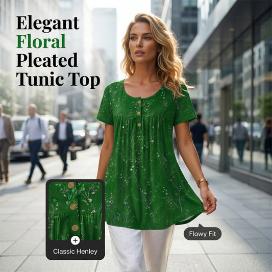 Plissert tunika for dame med blomsterprint