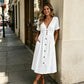 👗 50% RABATT NÅ! ☀️ Dame Sommer V-hals Knappeknapp Kjole – Lett og luftig – Perfekt for strand, lunsj eller hverdagsbruk – enkel, avslappet stil 🌸✨
