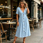 👗 50% RABATT NÅ! ☀️ Dame Sommer V-hals Knappeknapp Kjole – Lett og luftig – Perfekt for strand, lunsj eller hverdagsbruk – enkel, avslappet stil 🌸✨