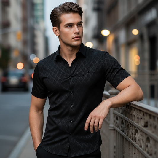 👕✨ Svart herreskjorte med tekstur – stilig og uunnværlig 🖤 Unik tekstur, mykt stoff, passer til alle anledninger ✨ NÅ 50 % RABATT – HALV PRIS 🔥