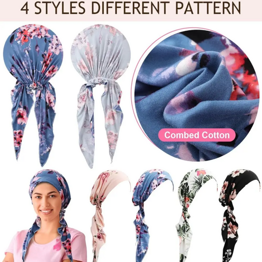 Ferdigknyttet Turban for Damer med Blomsterprint – Mykt og Elastisk Hodeskjerf