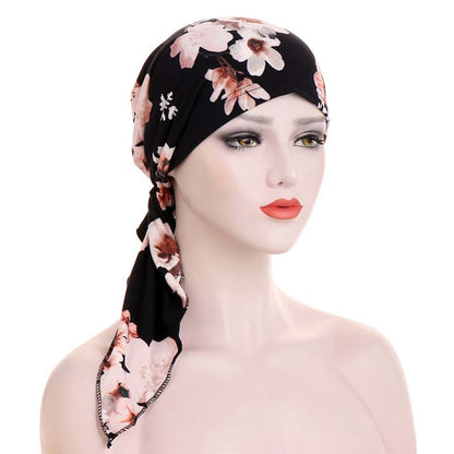 Ferdigknyttet Turban for Damer med Blomsterprint – Mykt og Elastisk Hodeskjerf