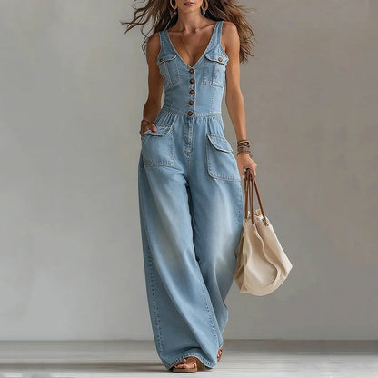 Denim Jumpsuit for Dame – Ermeløs med V-hals og Vide Ben