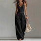 Denim Jumpsuit for Dame – Ermeløs med V-hals og Vide Ben
