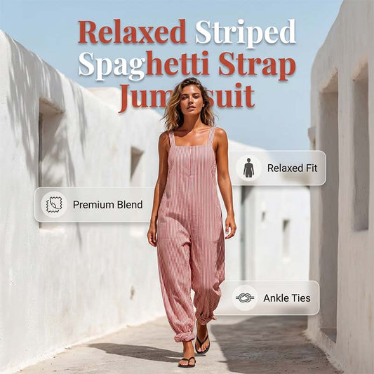 Stripete jumpsuit med spaghettistropper til dame – avslappet, luftig, bomull