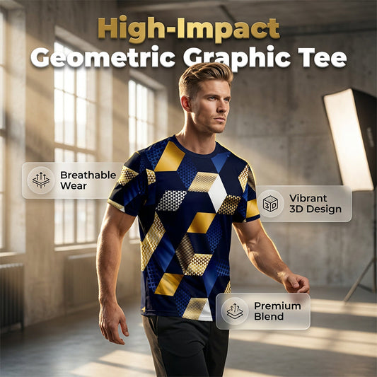 Herre T-skjorte med 3D Geometrisk Trykk og Rund Hals