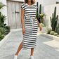 👗 Dame Stripet Kjole med Snørelinning og Splitt – Justerbar Midje | Sidespor | Pustende Polyester | Rund Hals Casual Sommerkjole ✨