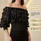 👗 TIDSBEGRENSET 50% RABATT! ✨ Off-Shoulder Tettsittende Topp – 3D Blomsterapplikasjoner, Smocket Midje, Ballongærmer 🌸