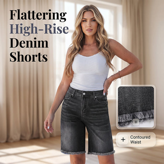 👖🌅✨ TIDSBEGRENSET 50% RABATT! Dame Casual Høytlivede Frynset Denim Shorts – Flatterende Høy Midje, Slankende Passform, Rå Frynse Kant – Fremhever Midjen og Forlenger Bena for et Chic Sommerlig Utseende 🦵