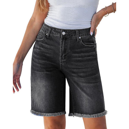 👖🌅✨ TIDSBEGRENSET 50% RABATT! Dame Casual Høytlivede Frynset Denim Shorts – Flatterende Høy Midje, Slankende Passform, Rå Frynse Kant – Fremhever Midjen og Forlenger Bena for et Chic Sommerlig Utseende 🦵