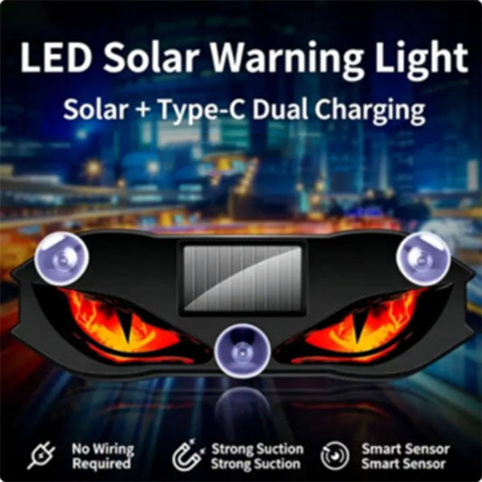 👿 50% RABATT – Bilvarsellys med djeveløyemønster – solar + USB – automatisk av/på – sugekopp – høy synlighet – for nattkjøring