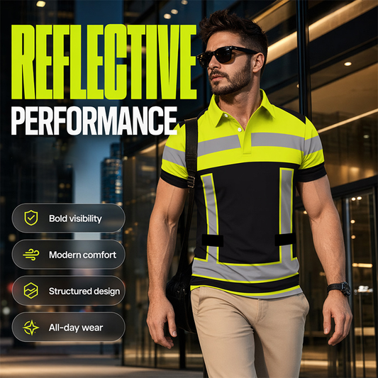 📢 BEGRENSET TID 50% RABATT! 👕 Herreskjorte med høy synlighet og reflekterende kortermer – Neonblokker & Atletisk passform ⏰