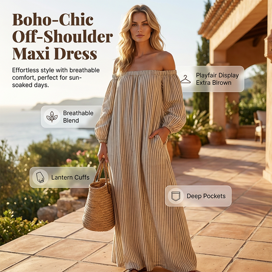 🎉 BEGRENSET TID 50% RABATT! 👗 Damekjole Off-Shoulder Maxi – Lykteærmer, Avslappet Passform & Sidelommer 🌸