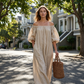 🎉 BEGRENSET TID 50% RABATT! 👗 Damekjole Off-Shoulder Maxi – Lykteærmer, Avslappet Passform & Sidelommer 🌸