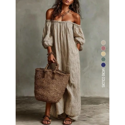 🎉 BEGRENSET TID 50% RABATT! 👗 Damekjole Off-Shoulder Maxi – Lykteærmer, Avslappet Passform & Sidelommer 🌸