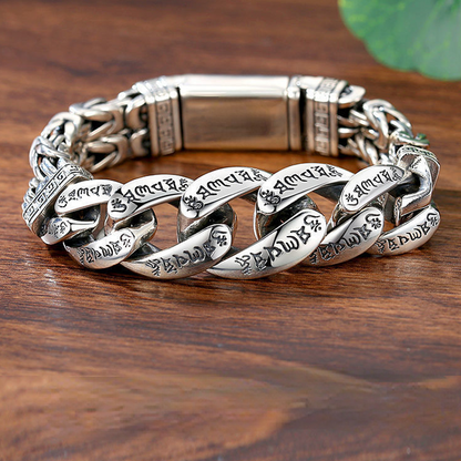 💿 HENTESALG: 50 % RABATT! 🕉️ Retro mantra-armbånd for herre – Seks inngraverte stavelser og vintage sølvfinish – Dobbeltkjede, 18–22 cm for en spirituell stil ✨