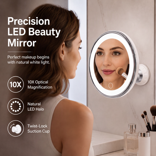⏳ Kun for en kort tid – 50 % RABATT ⏰10x forstørrende sminkespeil med LED-lys og sugekopp