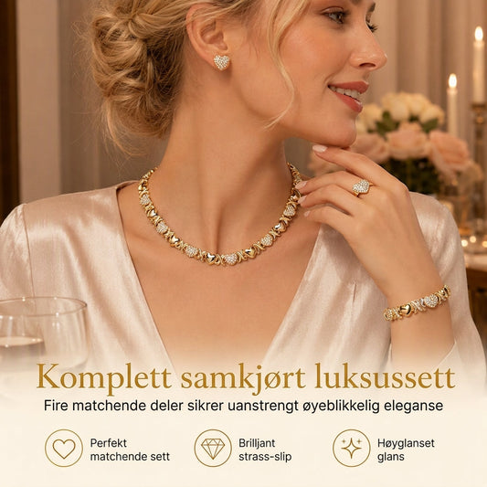 💎Eksklusive smykker💎4-delt gullsmykkesett med hjerteformede rhinsteiner, bestående av halskjede, øredobber, armbånd og ring