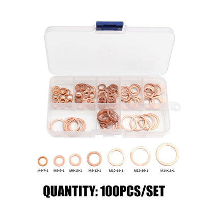 ⏳🔥 TIDSBEPRENSET 50 % RABATT! ⏰🔩 Assortiment med 100/200 kobberpakninger – flate tetningsskiver med oppbevaringsboks 📀
