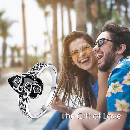 💍 50% RABATT 🌸 | Bohemisk Vintage Ring – Blommönster & Svart Ädelsten