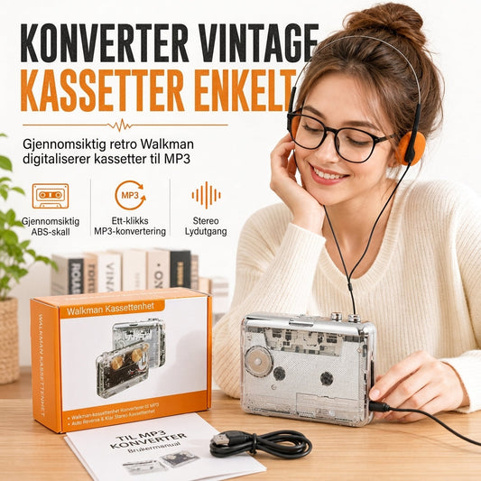 📼50% RABATT NÅ! 🔄 Gjennomsiktig kassettspiller – Bånd til MP3-konverterer, Type-C & Hi-Fi-stereo – Nostalgi møter moderne teknologi 🎵