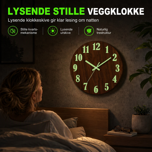 🔥Tidsbegrenset tilbud🕰️12-timers lydløs treveggklokke – Lysglød & MDF-tretekstur✨