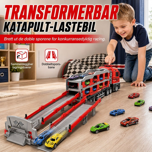 ⏳Kun for en kort tid – 50% RABATT ⏰Transformérbart lagerbærelastbil-lekesett for barn med lydeffekter, 207 cm sammenleggbar katapultløype og minimodeller av byggkjøretøy i legering