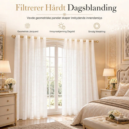 🏡 FÅ 50 % RABATT NÅ! ✨ Gjennomsiktig stoff i geometrisk jacquardvev – elegant og lysgjennomtrengelig stoff til stua 🌿