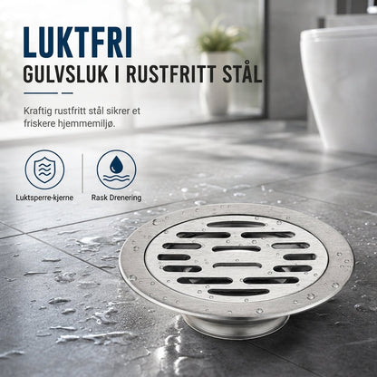 🔥 50 % rabatt🔥 Runde gulvavløp i børstet rustfritt stål med luktspjeld – for bad og tilkobling til vaskemaskin