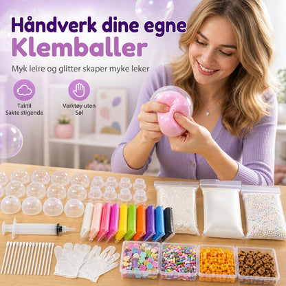 🎨 Lag din egen klemball – fargerik leire, glitrende fyll, slitesterk og lekkasjesikker. Kreativ DIY-moro! ✨🤲