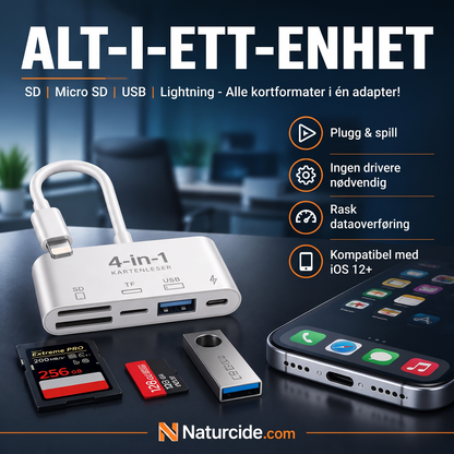 🛍️ 50 % rabatt – 3-i-1 minnekortleser for mobil og nettbrett – USB-C, Lightning, USB-A – plug & play for iPhone, Android, PC og Mac 📱